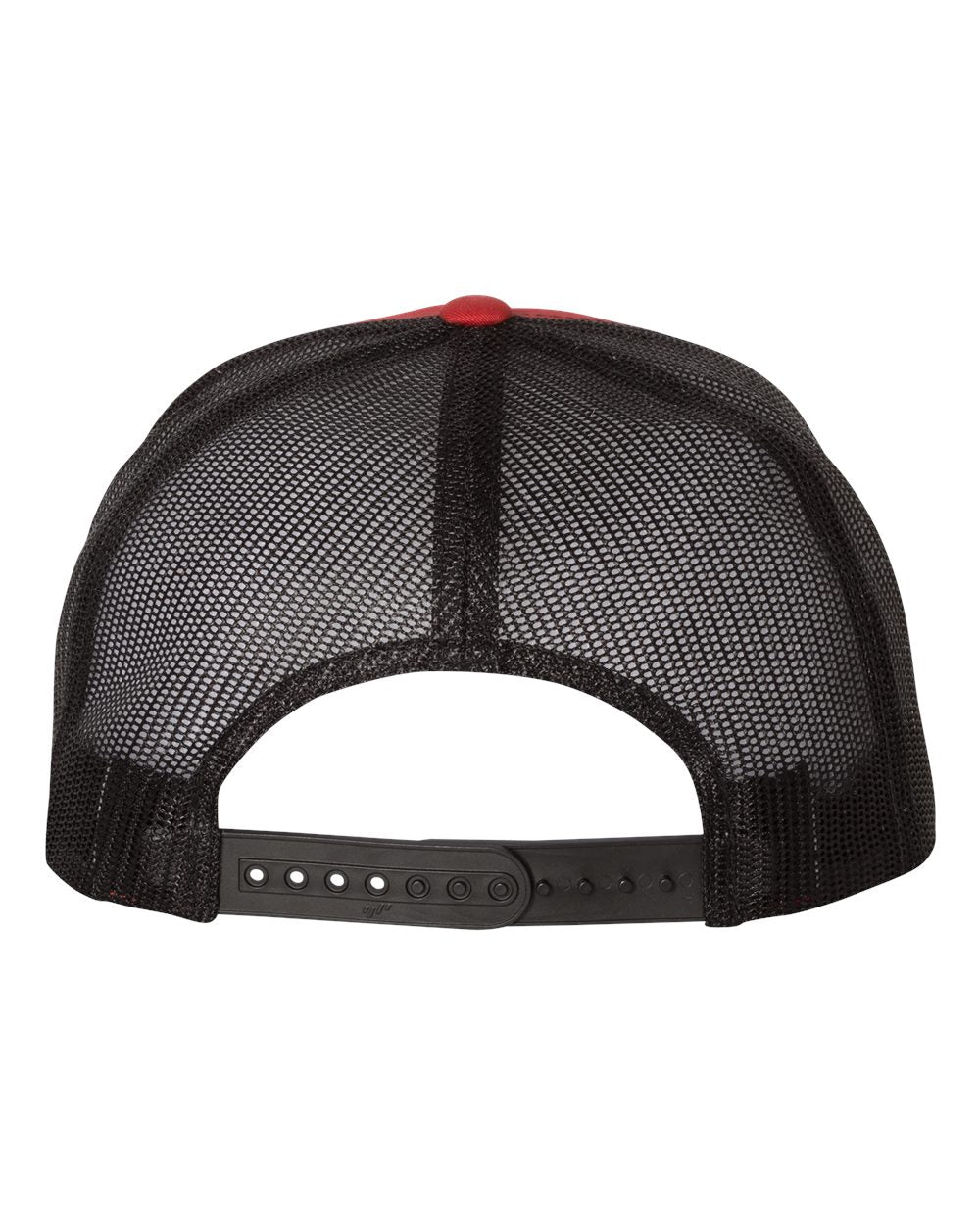 Flat bill trucker cap with black mesh panels and dark crown with red snap adjuster