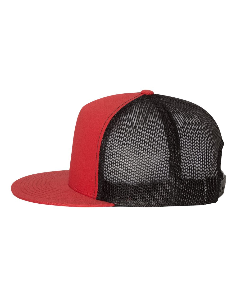 Flat bill trucker cap with red crown and black mesh sides, flat red bill