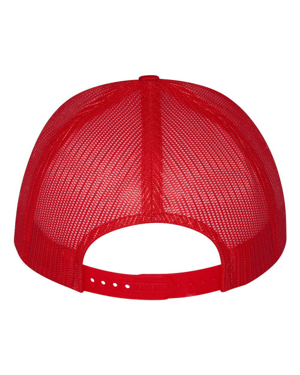 Flat bill trucker cap in red with mesh crown and white interior panel