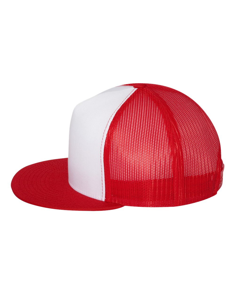 Flat bill trucker cap with white front panel and red mesh sides, red brim