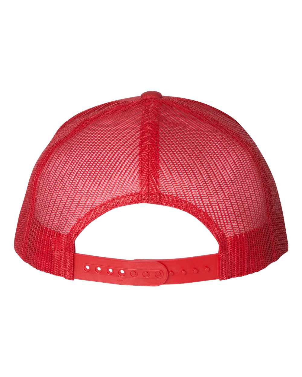 Red flat-bill trucker cap with mesh back and adjustable strap closure