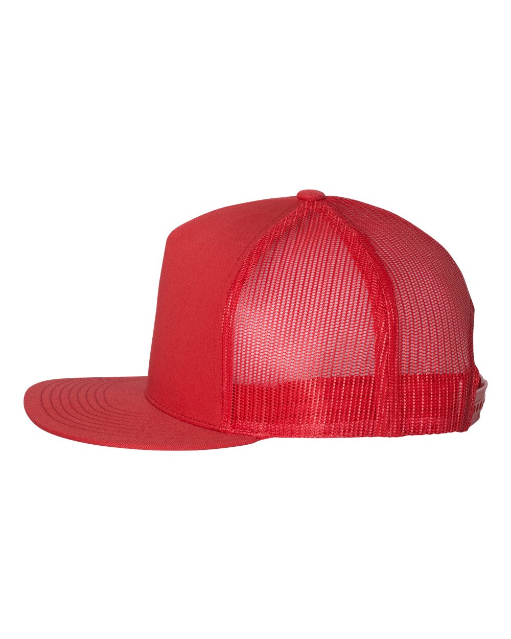 Red flat-bill trucker cap with front panel and matching mesh side panels