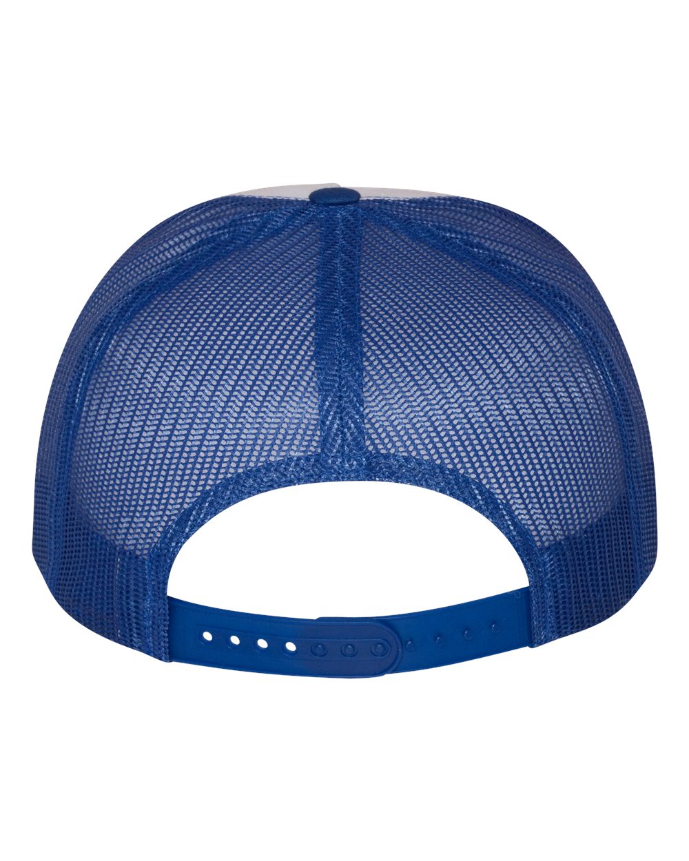 Flat bill trucker cap in dark blue mesh with white interior and blue adjustable strap