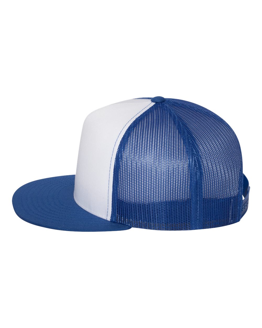 Flat bill trucker cap with white front panel and blue mesh back, blue brim