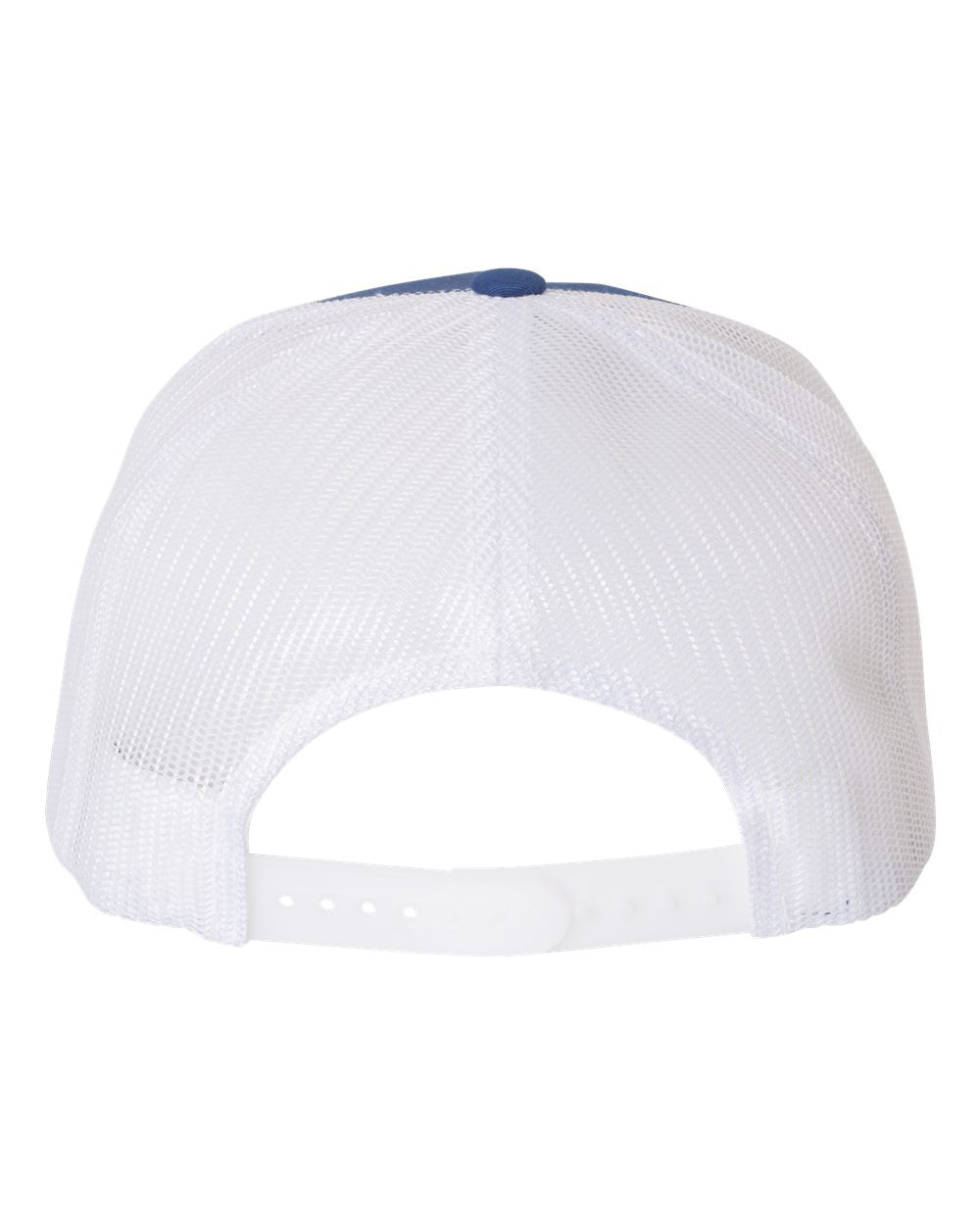 Flat bill trucker cap in white with blue accent top and mesh crown