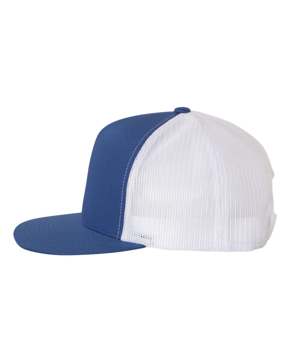 Flat bill trucker cap with navy front panel and white mesh sides, navy brim