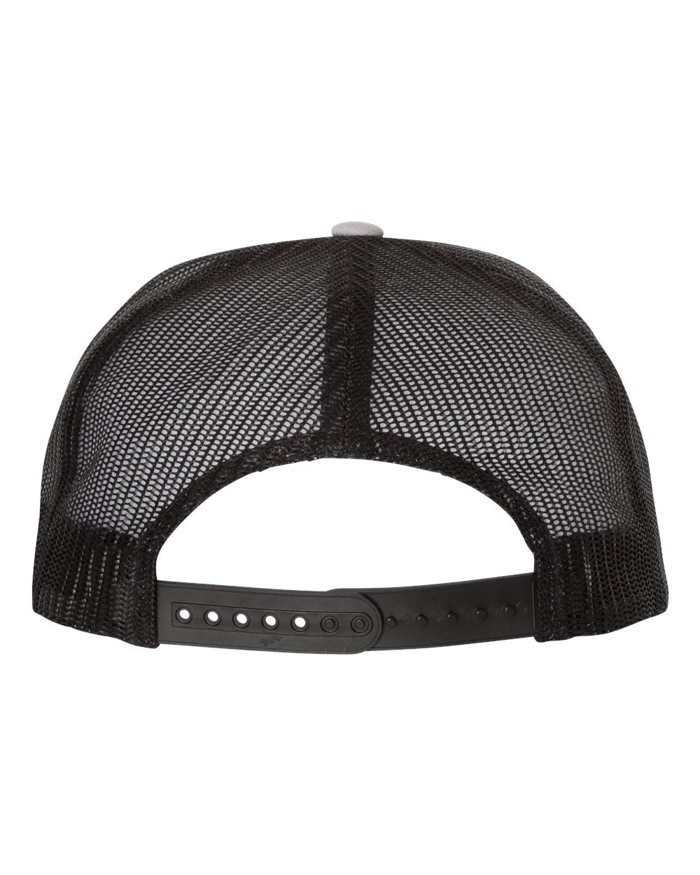 Flat bill trucker cap in black mesh with adjustable strap on the back band