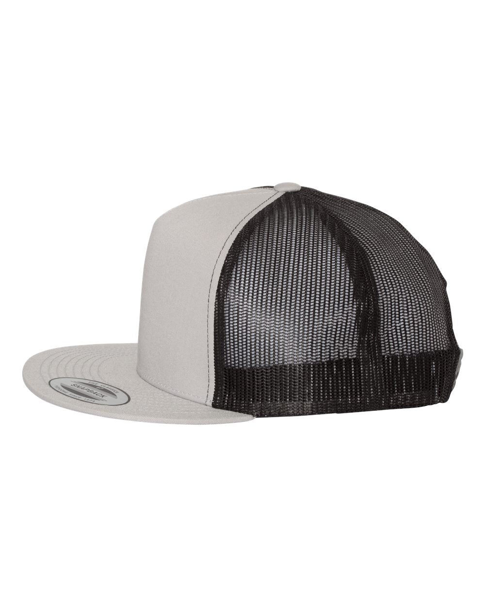 Flat bill trucker cap with light gray front panels and black mesh back