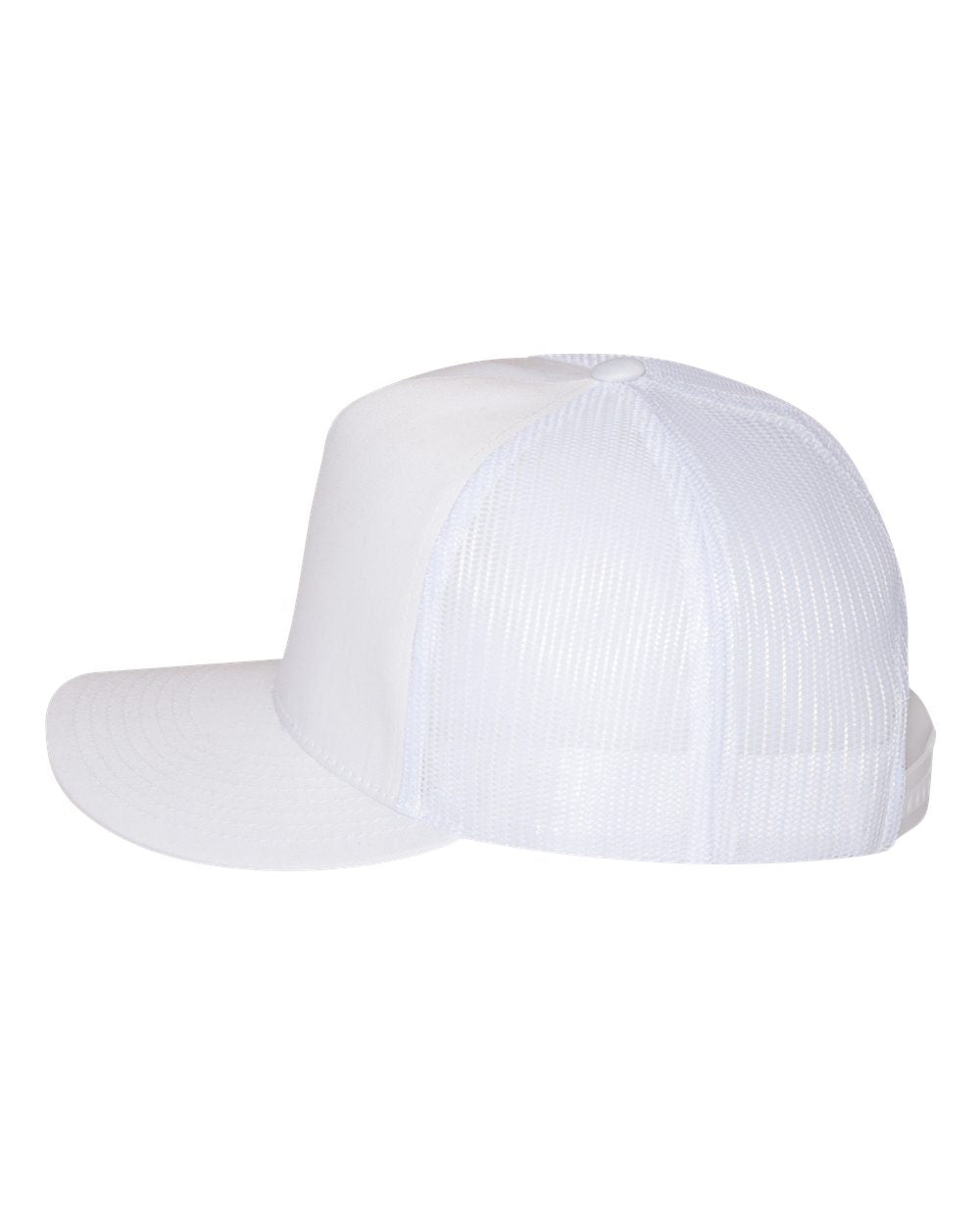 Flat bill trucker cap with white front panels and white mesh sides